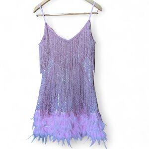 Pink Sequin Fringe Cocktail Dress Feather Hem Gatsby Evening